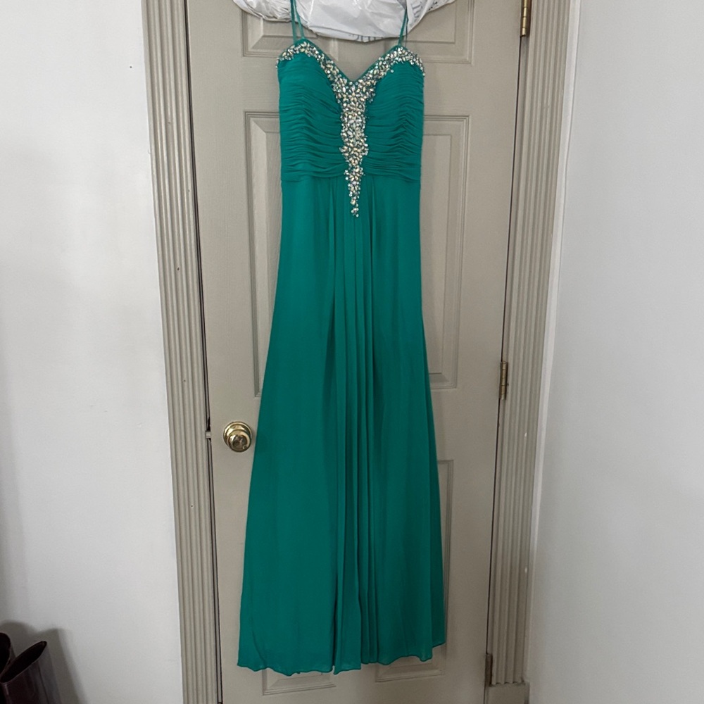 David's Bridal Teal Embellished Prom Dress